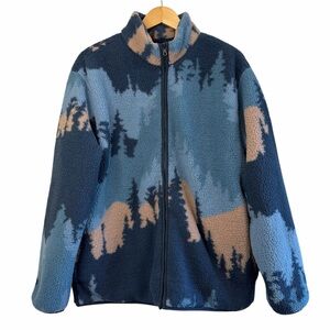 Old Navy Scenic Print Sherpa Fleece Jacket Blue Full Zip Size L